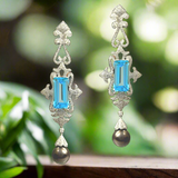 Blue Topaz with Grey South Sea Pearl Long Diamond Earring