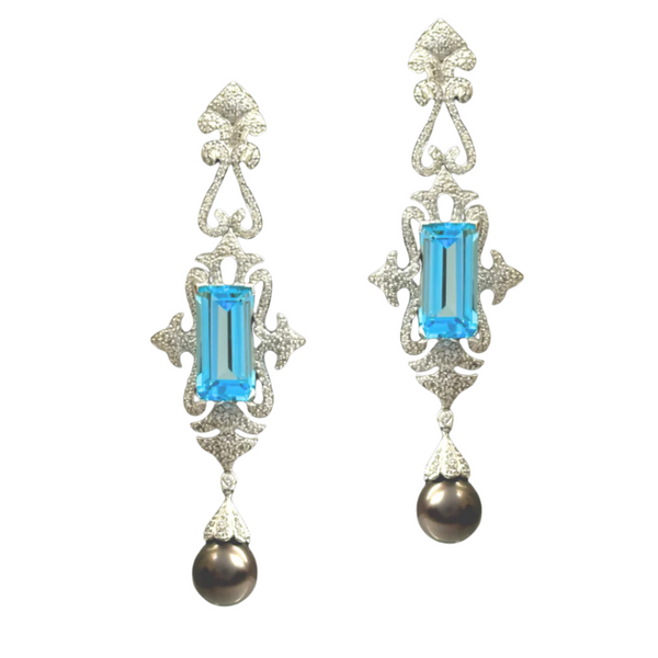 Blue Topaz with Grey South Sea Pearl Long Diamond Earring